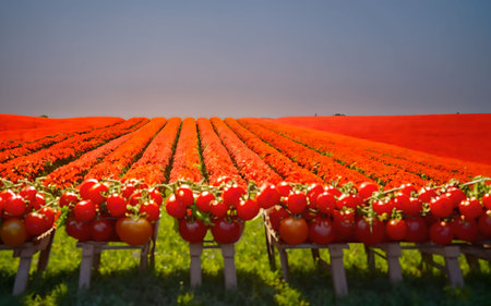 Red tomatoes on a field of red and yellow tulips at sunsetの素材