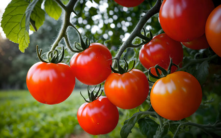 Ripe red tomatoes growing on a branch in a vegetable garden.の素材