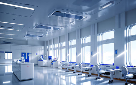 3d render interior of modern hospital with blue and white walls.の素材