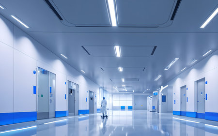 Interior of a hospital corridor with doctors and nurses in blue tonesの素材