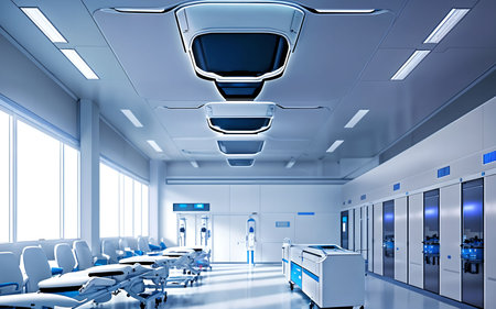 Interior of a modern hospital corridor with medical equipment 3D renderingの素材