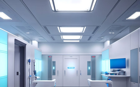 Interior of a hospital corridor with blue and white walls. 3d renderingの素材