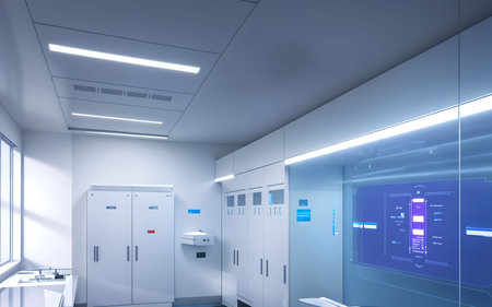 3d render of modern hospital corridor with lockers and computer monitorsの素材