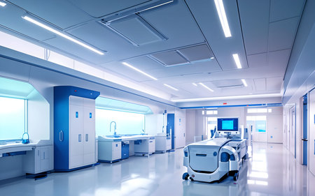 3d render of modern laboratory interior with blue lights. Workplaceの素材
