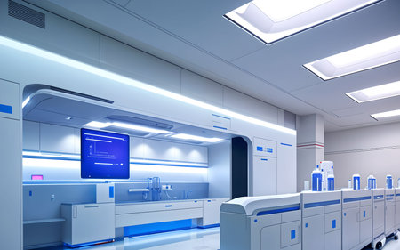 3d render of laboratory interior with test tubes and blue lights.の素材