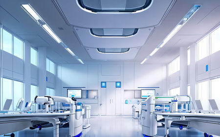 3d rendering medical equipment in modern operating room with white walls and blue ceilingの素材