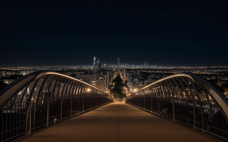 Pedestrian bridge over the river in the city at night.の素材