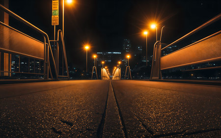 Night view of the pedestrian bridge over the river in the city.の素材
