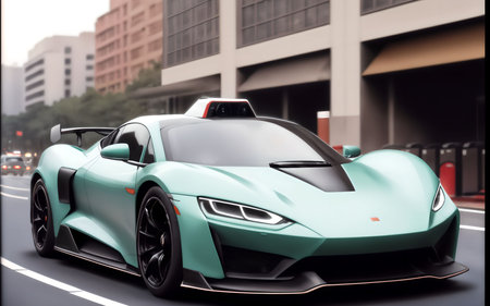 Turquoise sports car in the city. 3d rendering.の素材