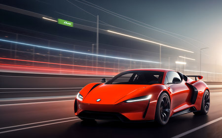 3D rendering of a brand-less generic concept car on the roadの素材