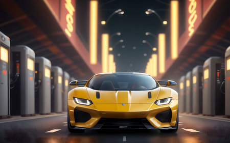 Sport car on the background of the night city. 3d renderingの素材