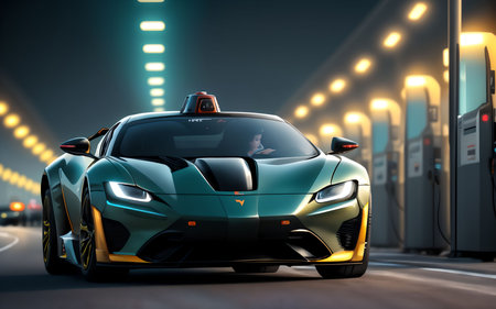 Modern electric car on the background of the night city. 3d renderingの素材