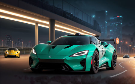 Modern green sports car in the city at night. 3D renderingの素材