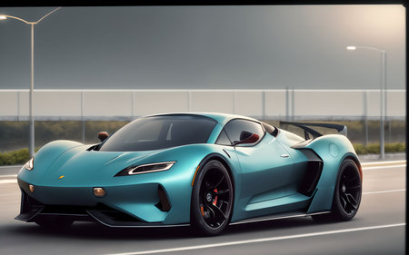 Blue sport car on the road. Side view. 3d renderingの素材