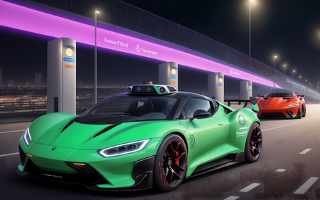 Green sports car on the road at night. 3D rendering.の素材