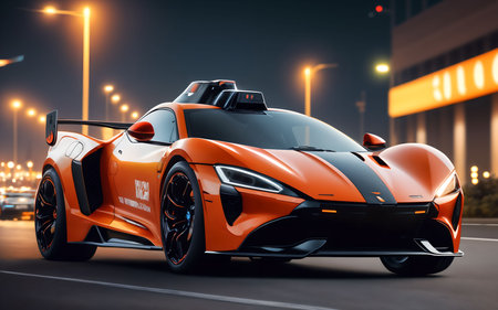 Modern orange sports car on the city street. 3D rendering.の素材