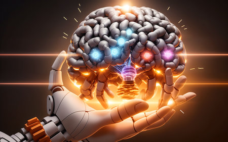 Robot hand holding human brain in abstract background. 3D renderingの素材