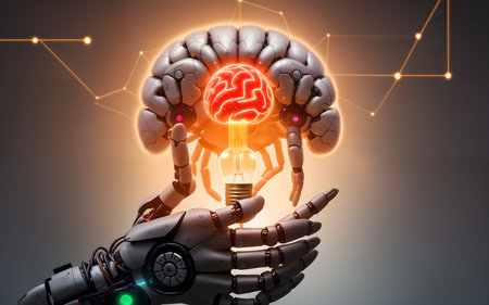 Robot hand holding human brain with glowing light bulb. 3D renderingの素材