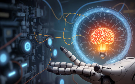 3D rendering artificial intelligence AI research of robot and cyborg development for future of people living. Digital data mining and machine learning technology design forの素材