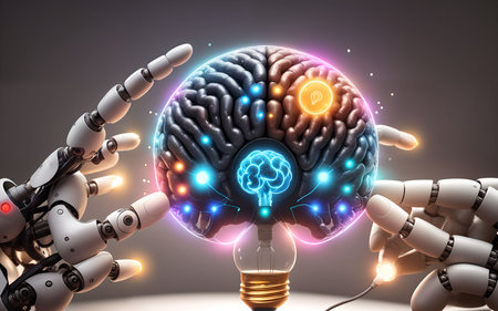 Robot and human brain with glowing lightbulb on grey background 3D renderingの素材