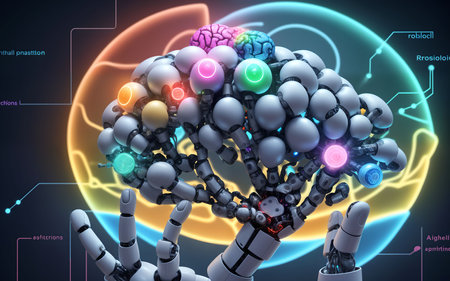 Robot hand touching human brain in abstract background. 3D renderingの素材