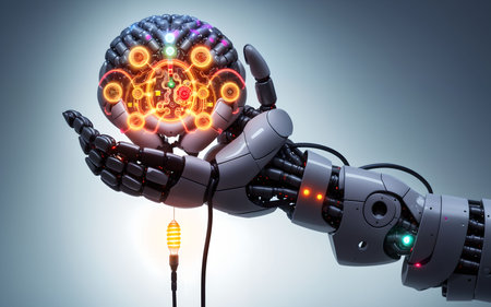 3d rendering robot hand holding brain with glowing lightbulb insideの素材