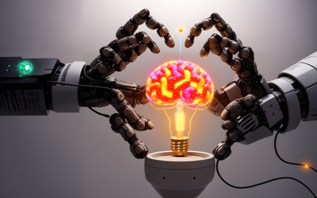 3d rendering robot hand holding a light bulb with human brain insideの素材