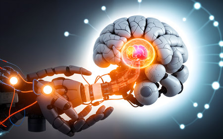 Robot hand touching human brain. 3d rendering toned imageの素材