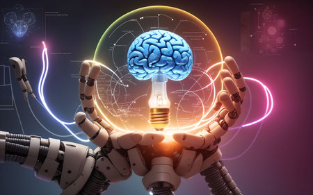 3d rendering robot hand holding brain and light bulb over dark backgroundの素材
