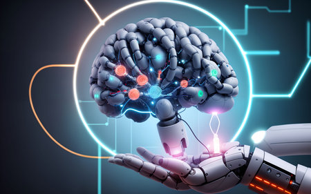 Robot hand holding human brain with glowing circuit. 3D renderingの素材