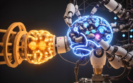 3d rendering robot hand and human brain with glowing light bulb on dark backgroundの素材