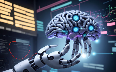 Robot hand holding human brain on digital screen background. 3D renderingの素材