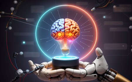 Robot hand holding lightbulb with human brain on dark background 3D renderingの素材