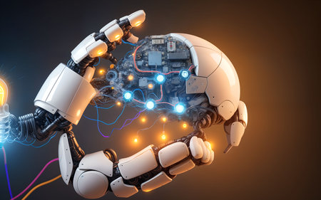3d rendering robot hand holding future technology concept with circuit board backgroundの素材