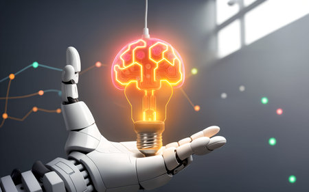 Robot hand holding glowing light bulb on dark background 3D renderingの素材