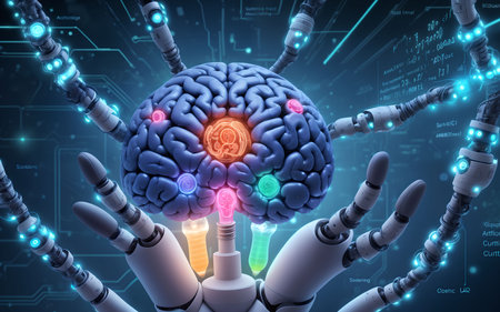 3d rendering cyborg hand holding brain with circuit board in backgroundの素材