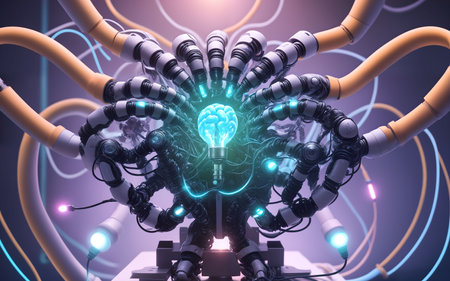 3D rendering of a robot with a glowing brain on a blue backgroundの素材