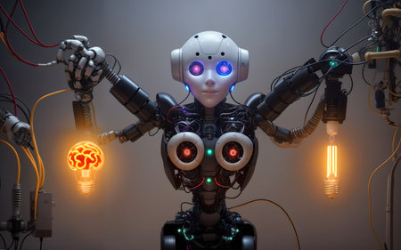 Robot with glowing light bulb, artificial intelligence concept. 3D Renderingの素材