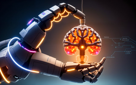 3d rendering robot hand holding brain with neon light on dark backgroundの素材