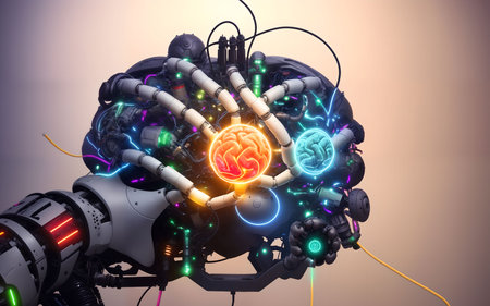 3d rendering robotic hand with glowing brain and neon lights on backgroundの素材