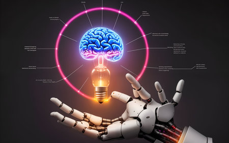 3d rendering robot hand with light bulb and brain, artificial intelligence conceptの素材