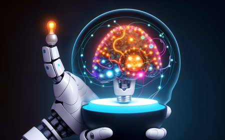 Robot on blurred background holding brain in light bulb 3D renderingの素材