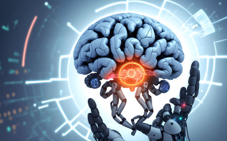 Robot and human brain. 3D illustration. Human intelligence concept.の素材