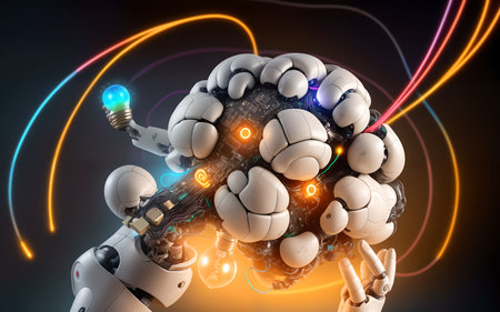 Robot brain with glowing light bulb on black background. 3D renderingの素材