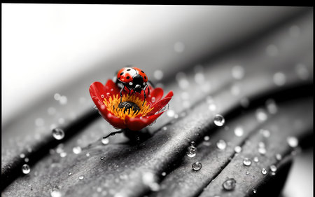 ladybug on a red flower in water drops on a black backgroundの素材