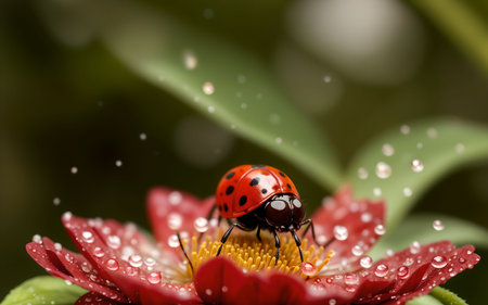 Ladybug on red flower with dew drops on the petalsの素材
