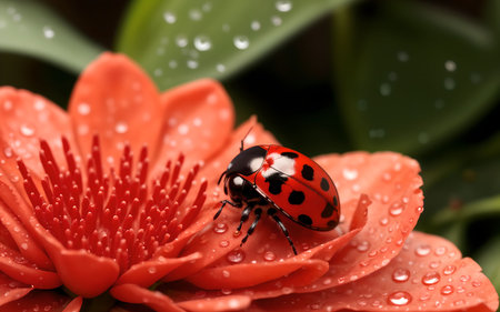ladybug on a red flower with water drops on petalsの素材