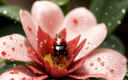 Beautiful ladybug on red flower with water drops, closeupの素材
