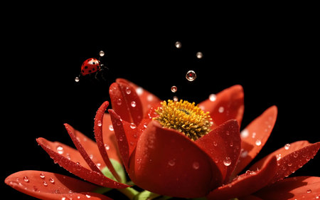 Red flower with ladybug and water drops on a black background.の素材