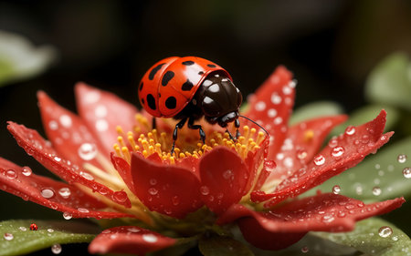 ladybug on a red flower with water droplets on itの素材